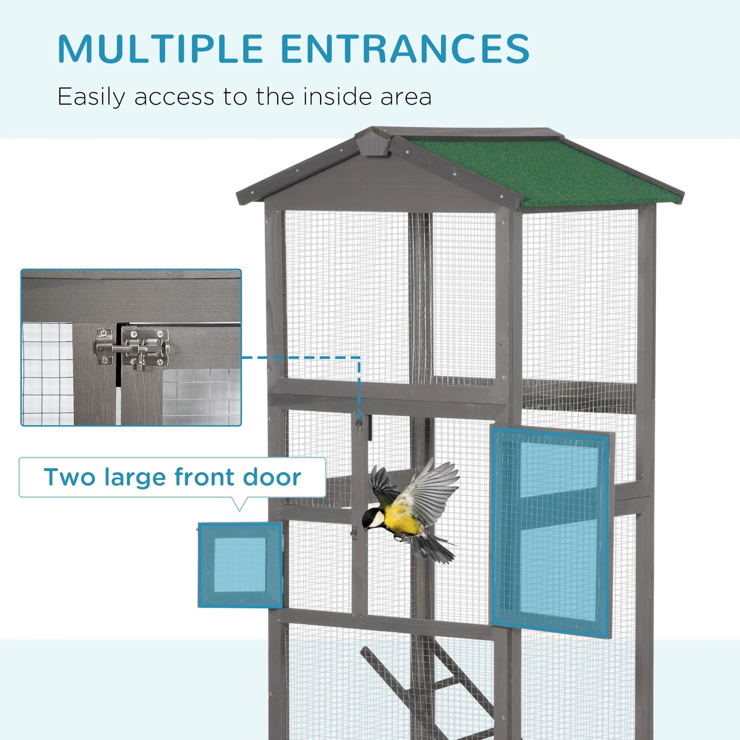 65" Wooden Bird Cages Outdoor Finches Aviary Birdcage with Tray