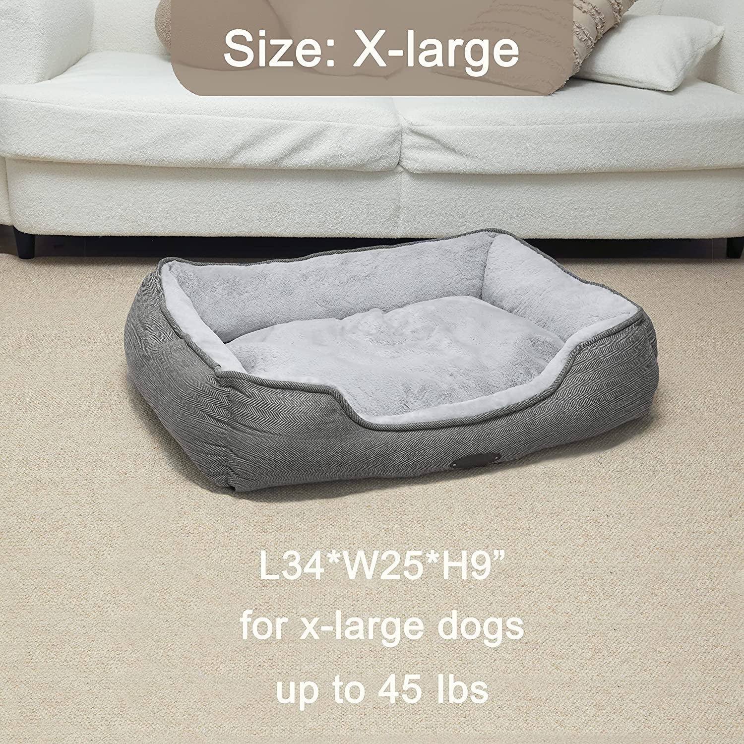 Dog Bed for Large Dogs,Medium Dog Bed for Medium Dogs,Calming Dog Beds,Anxiety Comfy Durable Pet Beds with Reversible&Washable Cushion,Square Dog Bed in Grey Color