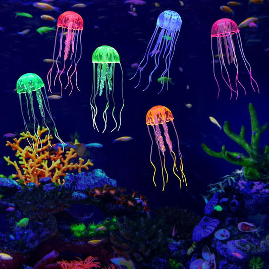 6 Pack Glow Jellyfish Floating Fish Tank Decorations Glowing Effect Silicone Simulation Jellyfish Ornament Aquarium Decorations (6 Colors)