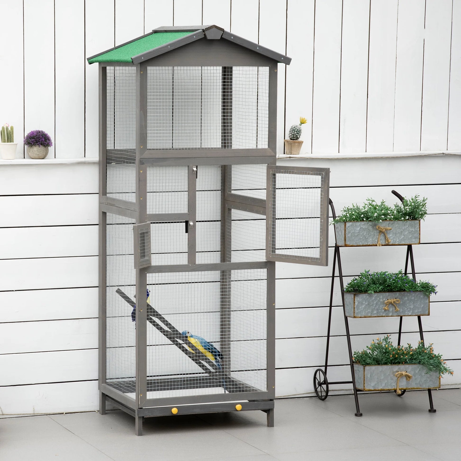 65" Wooden Bird Cages Outdoor Finches Aviary Birdcage with Tray