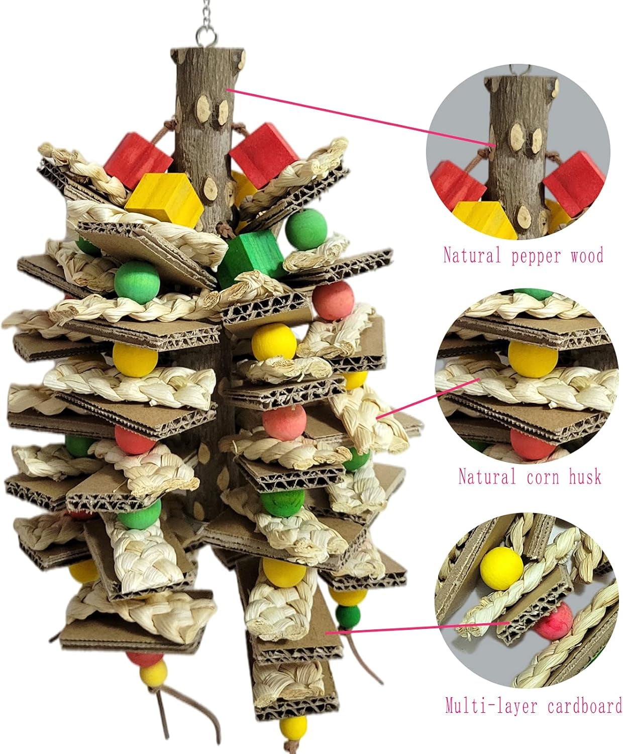 Bird Toys,Peppered Wood Parrot Toys,Corn Husk Paper Parrot Chew Toys for Small and Medium-Sized Pet Birds,Macaws,Australian Parrots,Budgies,Peacocks,Amazon Parrots,(Pepper Wood Pole Model)