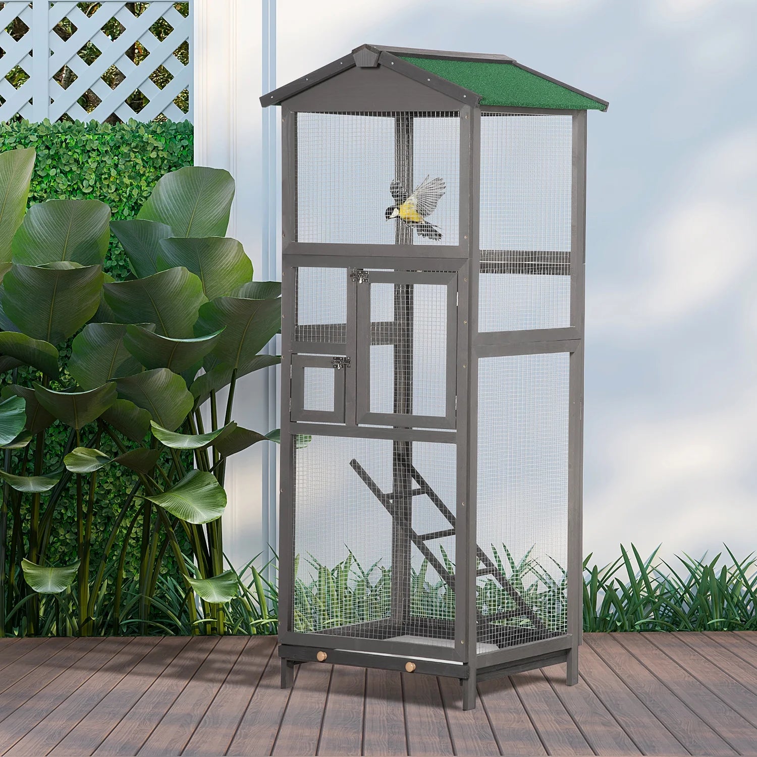 65" Wooden Bird Cages Outdoor Finches Aviary Birdcage with Tray
